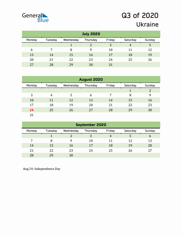 Quarterly Calendar 2020 with Ukraine Holidays