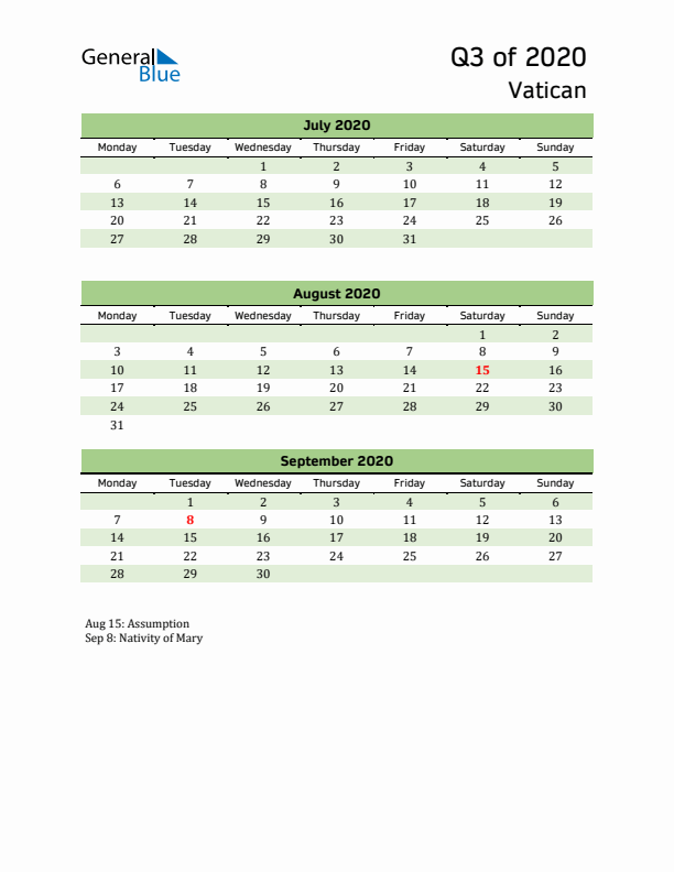 Quarterly Calendar 2020 with Vatican Holidays