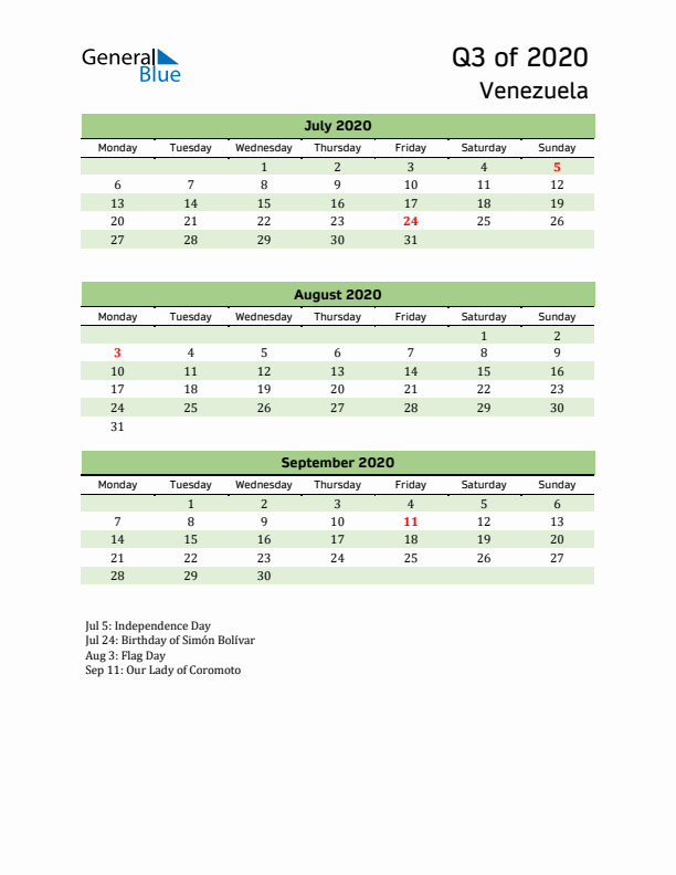 Quarterly Calendar 2020 with Venezuela Holidays