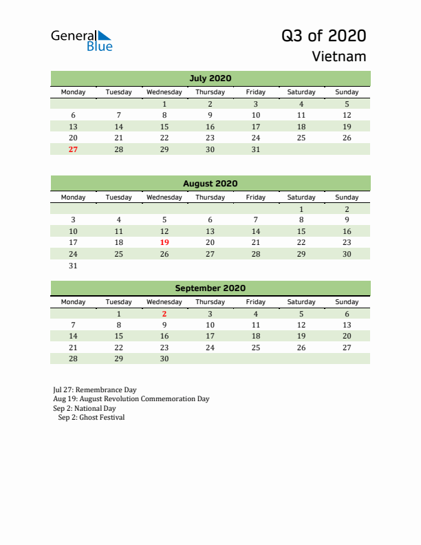 Quarterly Calendar 2020 with Vietnam Holidays