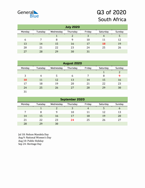 Quarterly Calendar 2020 with South Africa Holidays