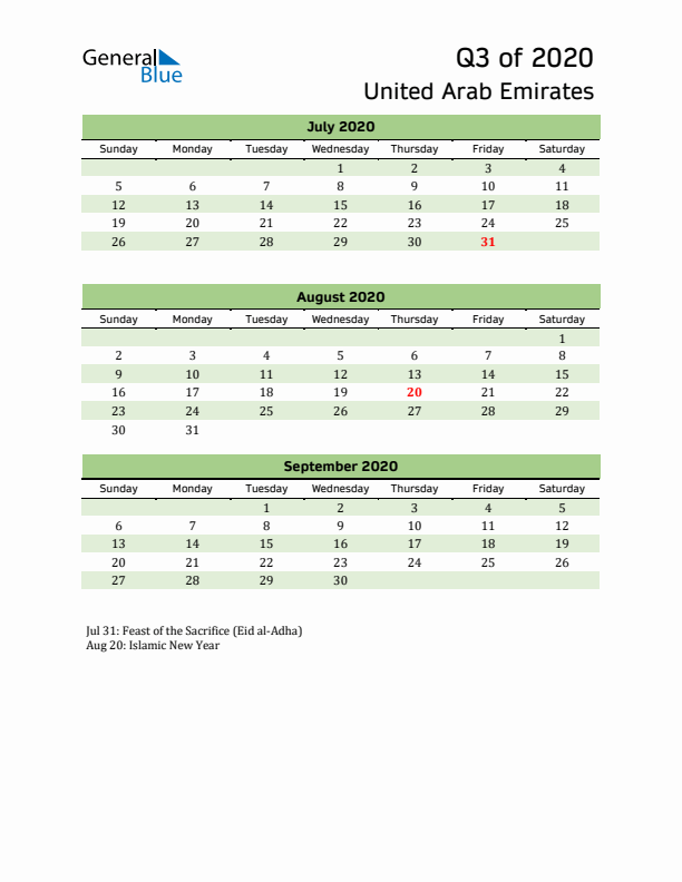 Quarterly Calendar 2020 with United Arab Emirates Holidays