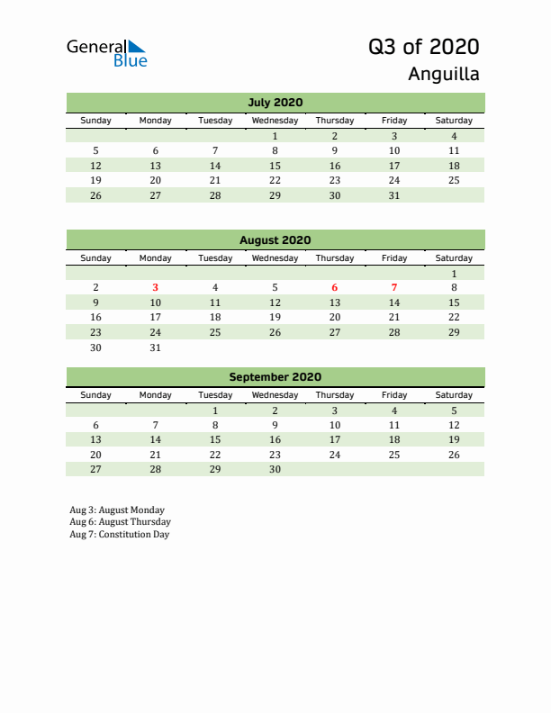 Quarterly Calendar 2020 with Anguilla Holidays