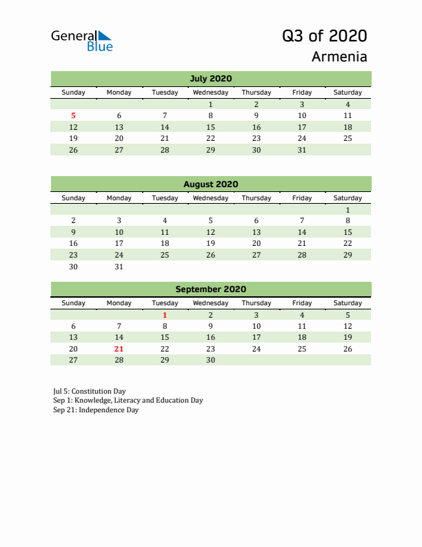 Quarterly Calendar 2020 with Armenia Holidays