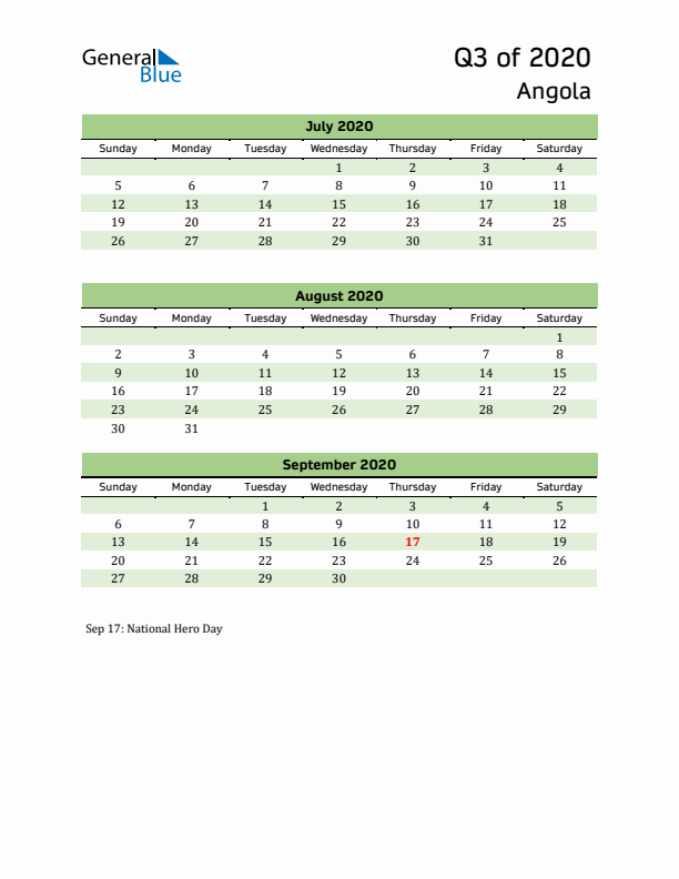 Quarterly Calendar 2020 with Angola Holidays