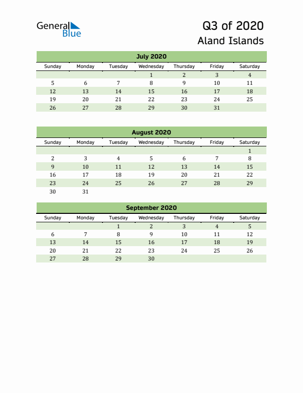 Quarterly Calendar 2020 with Aland Islands Holidays