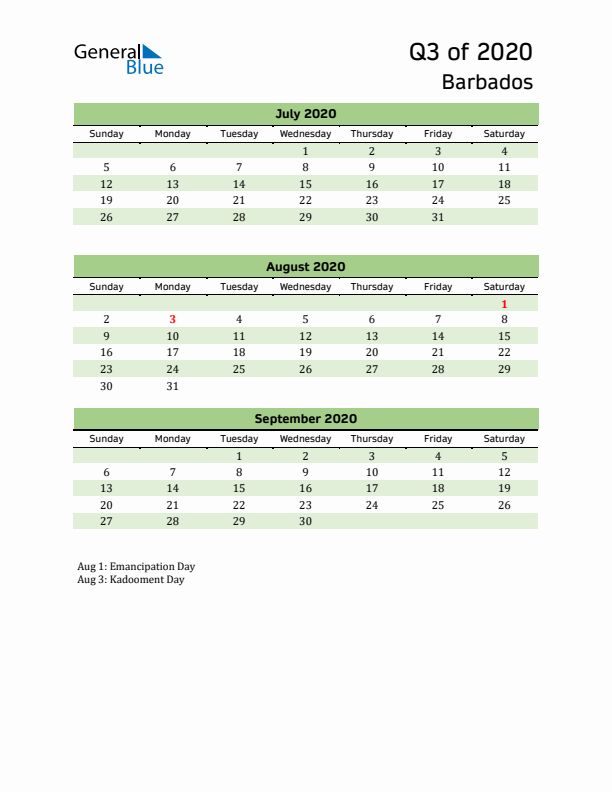 Quarterly Calendar 2020 with Barbados Holidays