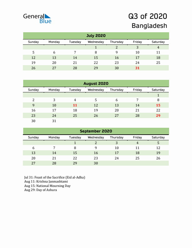 Quarterly Calendar 2020 with Bangladesh Holidays