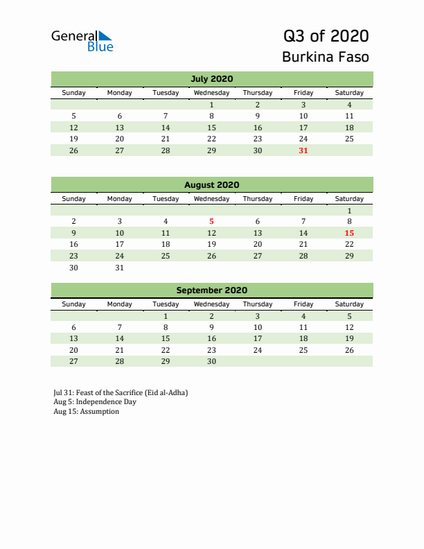 Quarterly Calendar 2020 with Burkina Faso Holidays