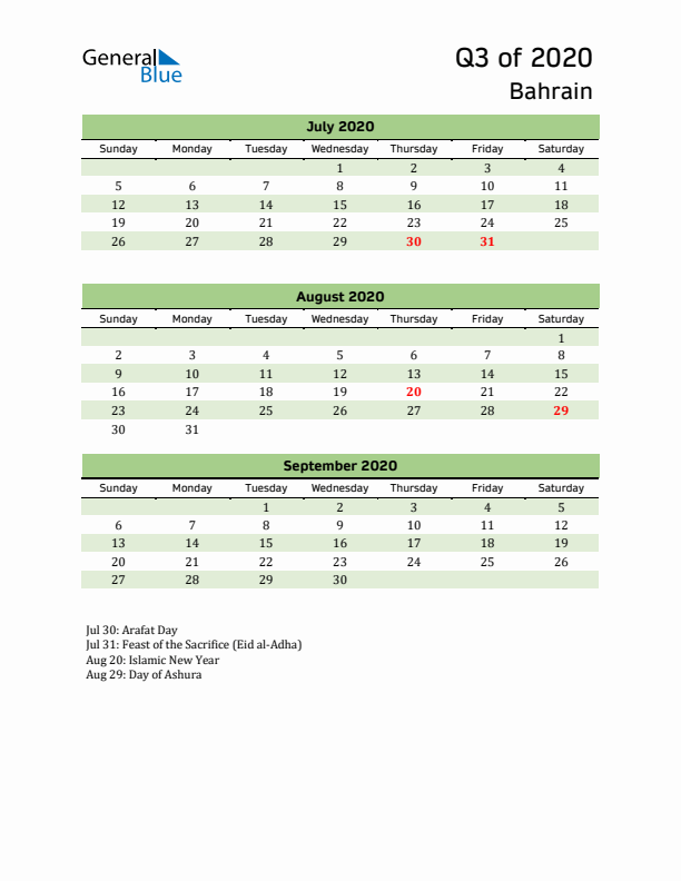 Quarterly Calendar 2020 with Bahrain Holidays