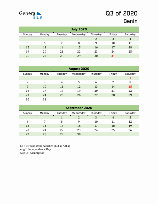 Quarterly Calendar 2020 with Benin Holidays