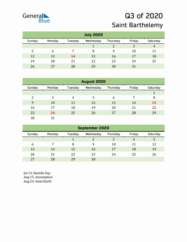 Quarterly Calendar 2020 with Saint Barthelemy Holidays