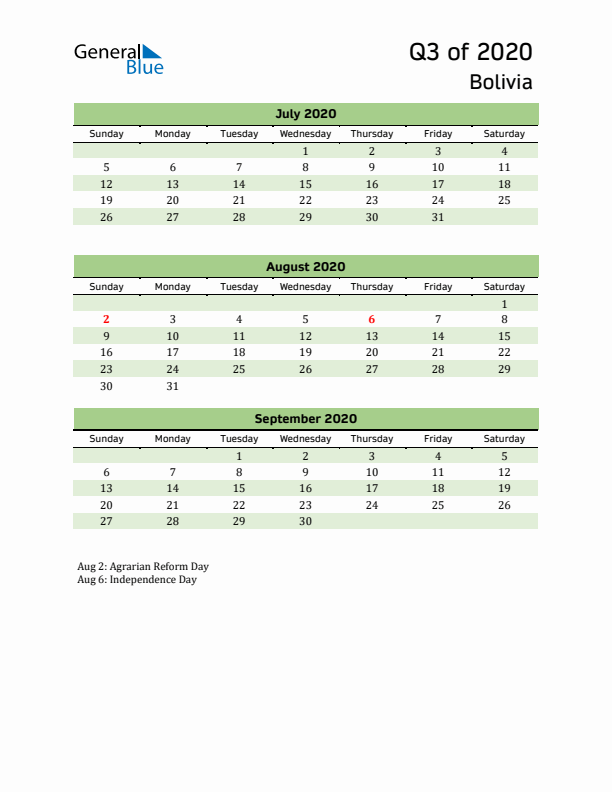 Quarterly Calendar 2020 with Bolivia Holidays