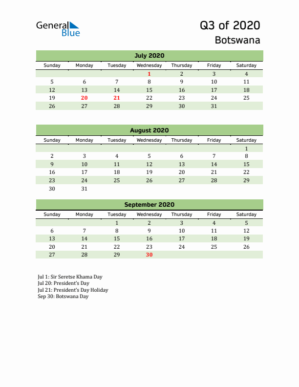 Quarterly Calendar 2020 with Botswana Holidays