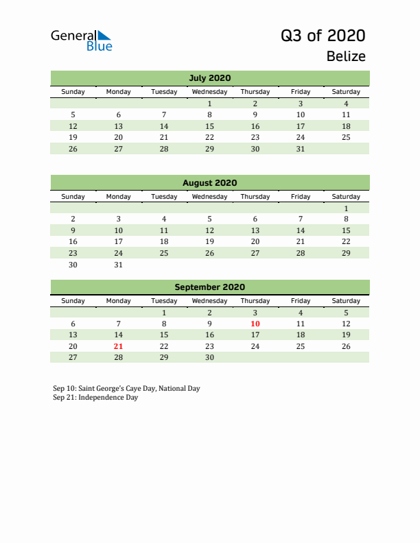 Quarterly Calendar 2020 with Belize Holidays