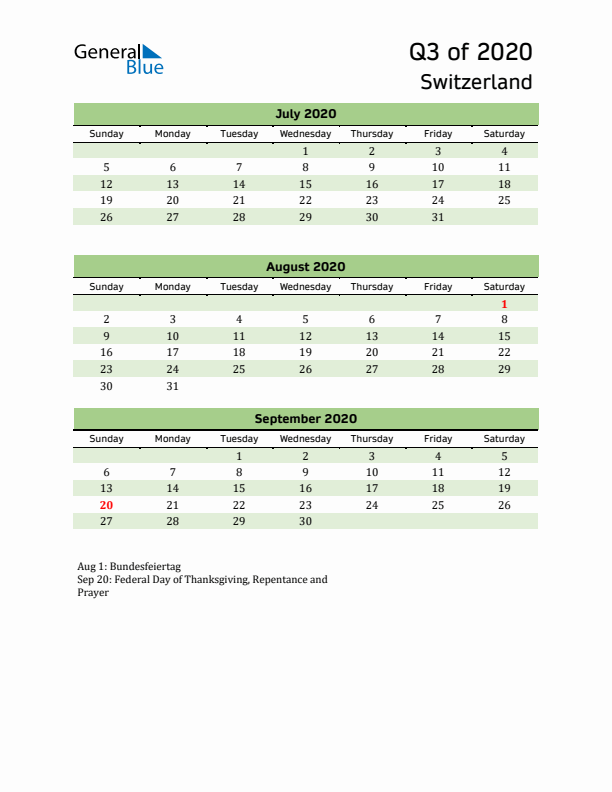 Quarterly Calendar 2020 with Switzerland Holidays