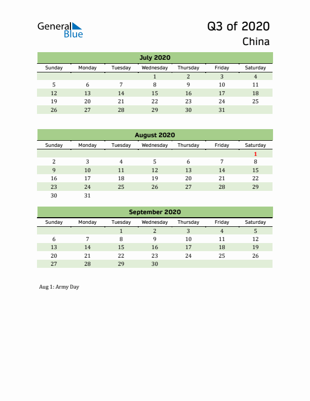 Quarterly Calendar 2020 with China Holidays