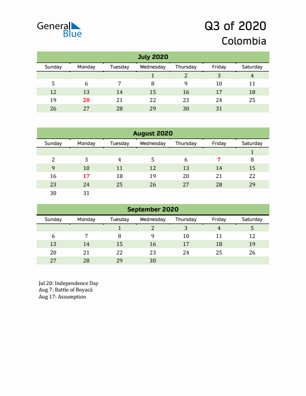 Quarterly Calendar 2020 with Colombia Holidays