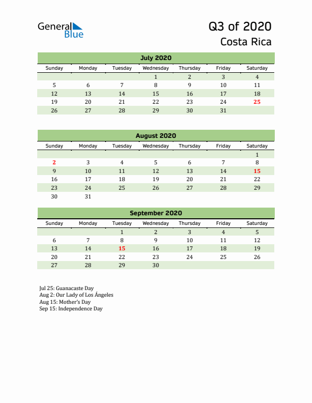 Quarterly Calendar 2020 with Costa Rica Holidays