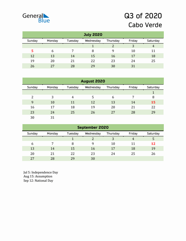 Quarterly Calendar 2020 with Cabo Verde Holidays