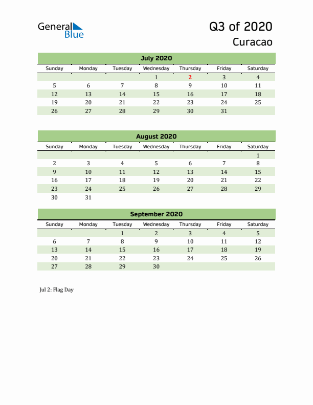 Quarterly Calendar 2020 with Curacao Holidays