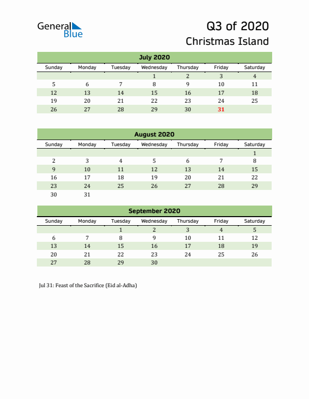 Quarterly Calendar 2020 with Christmas Island Holidays