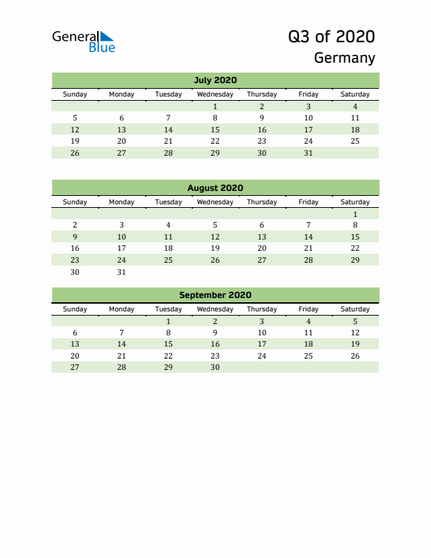 Quarterly Calendar 2020 with Germany Holidays