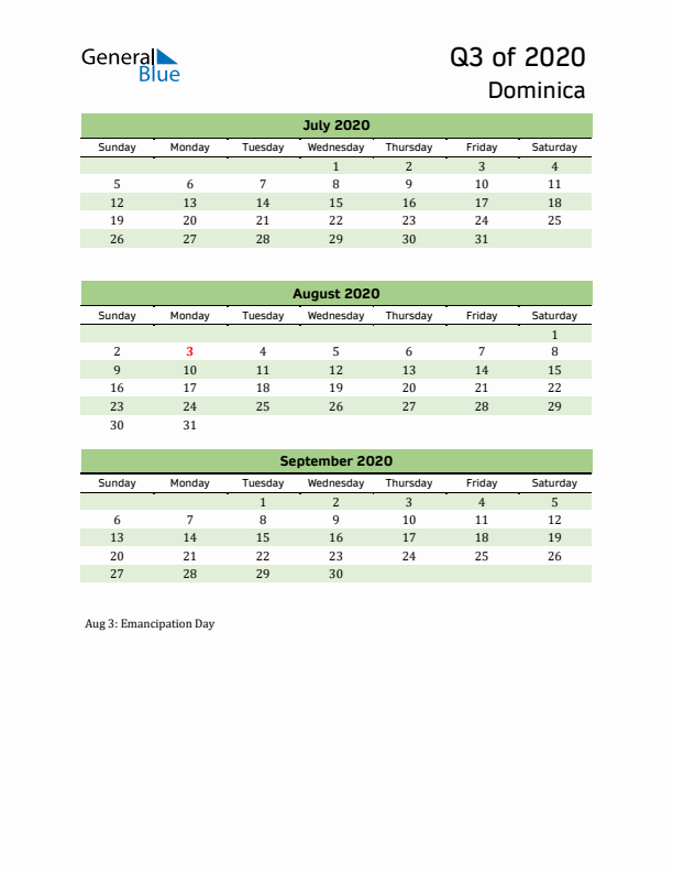 Quarterly Calendar 2020 with Dominica Holidays