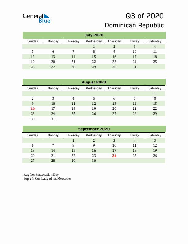 Quarterly Calendar 2020 with Dominican Republic Holidays