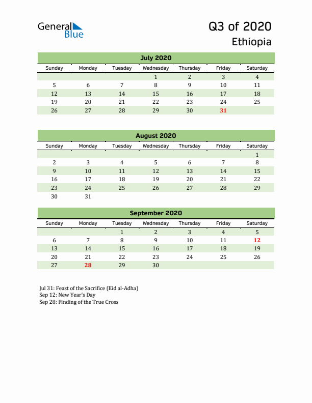 Quarterly Calendar 2020 with Ethiopia Holidays