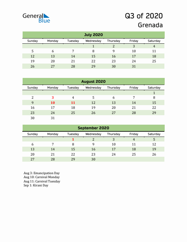 Quarterly Calendar 2020 with Grenada Holidays