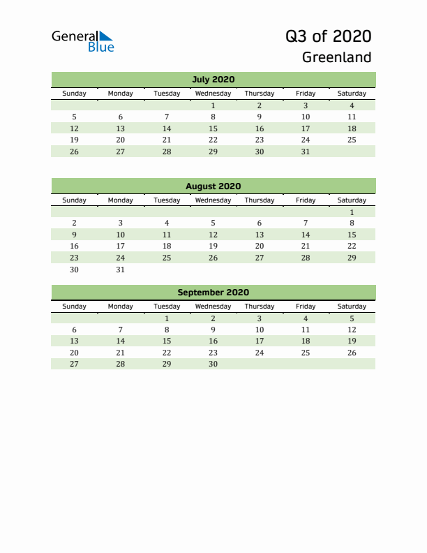 Quarterly Calendar 2020 with Greenland Holidays