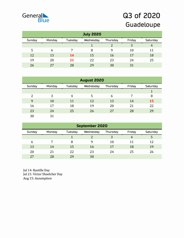 Quarterly Calendar 2020 with Guadeloupe Holidays