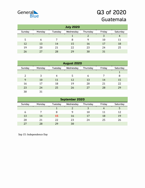 Quarterly Calendar 2020 with Guatemala Holidays