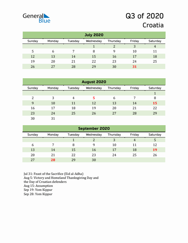 Quarterly Calendar 2020 with Croatia Holidays