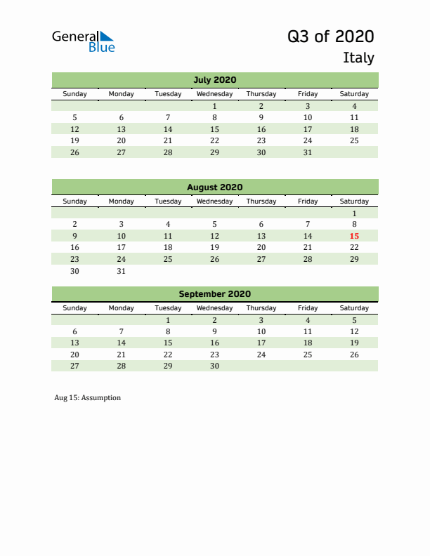 Quarterly Calendar 2020 with Italy Holidays