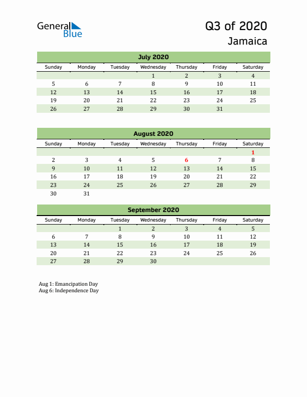 Quarterly Calendar 2020 with Jamaica Holidays