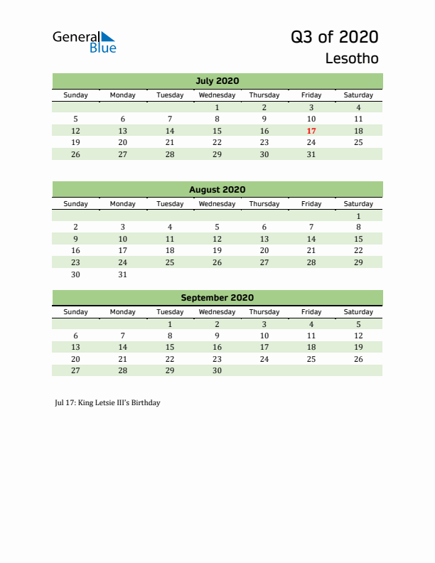 Quarterly Calendar 2020 with Lesotho Holidays