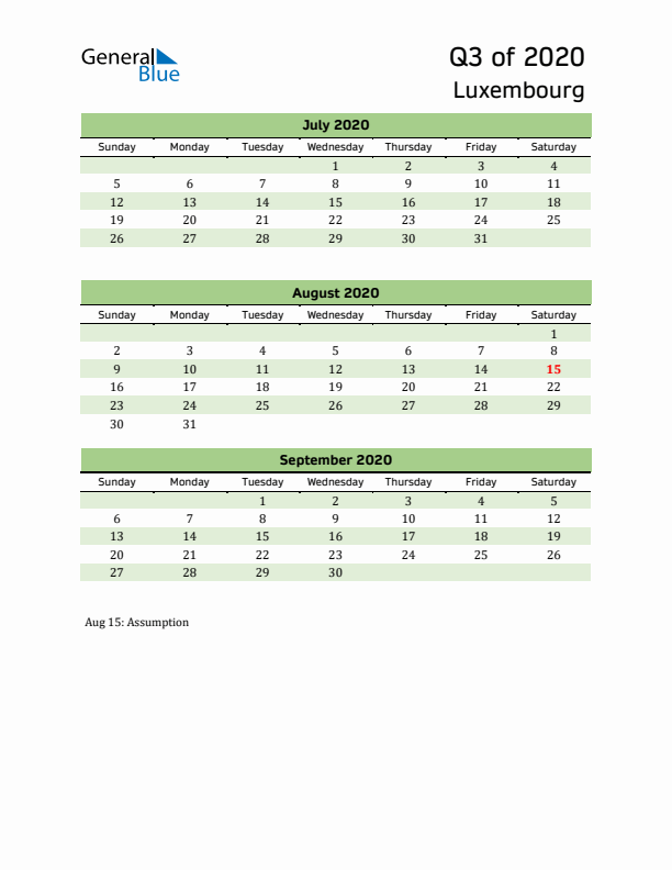 Quarterly Calendar 2020 with Luxembourg Holidays