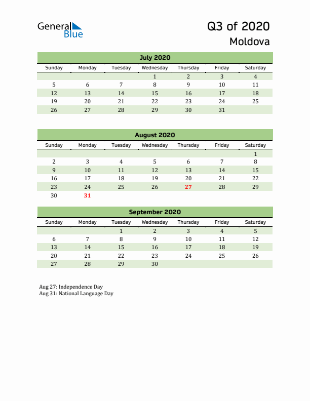 Quarterly Calendar 2020 with Moldova Holidays