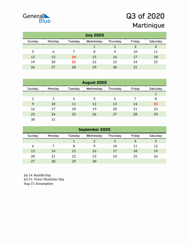 Quarterly Calendar 2020 with Martinique Holidays