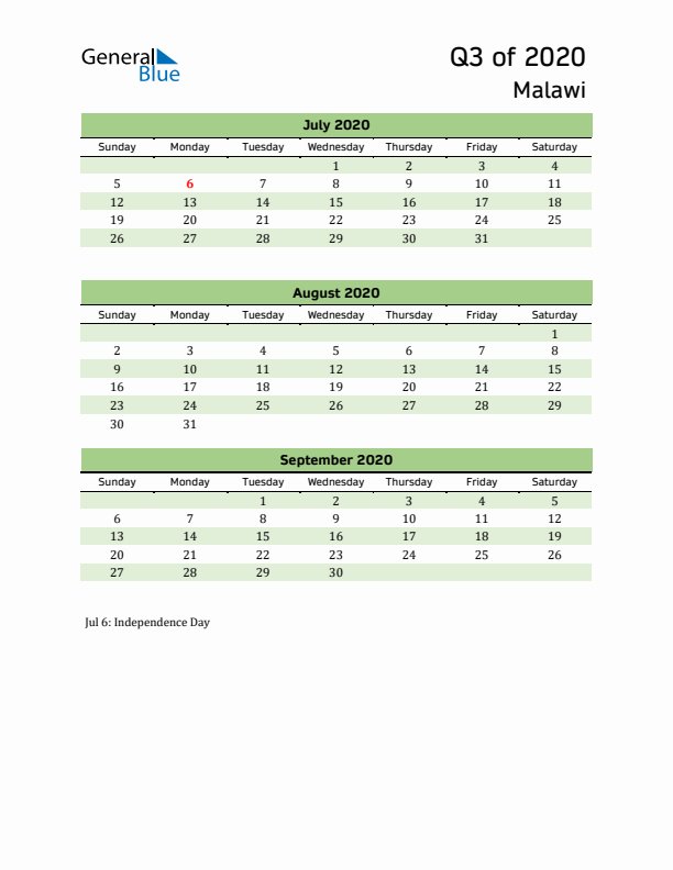 Quarterly Calendar 2020 with Malawi Holidays