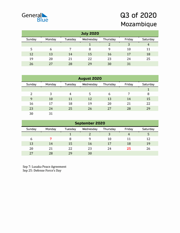 Quarterly Calendar 2020 with Mozambique Holidays