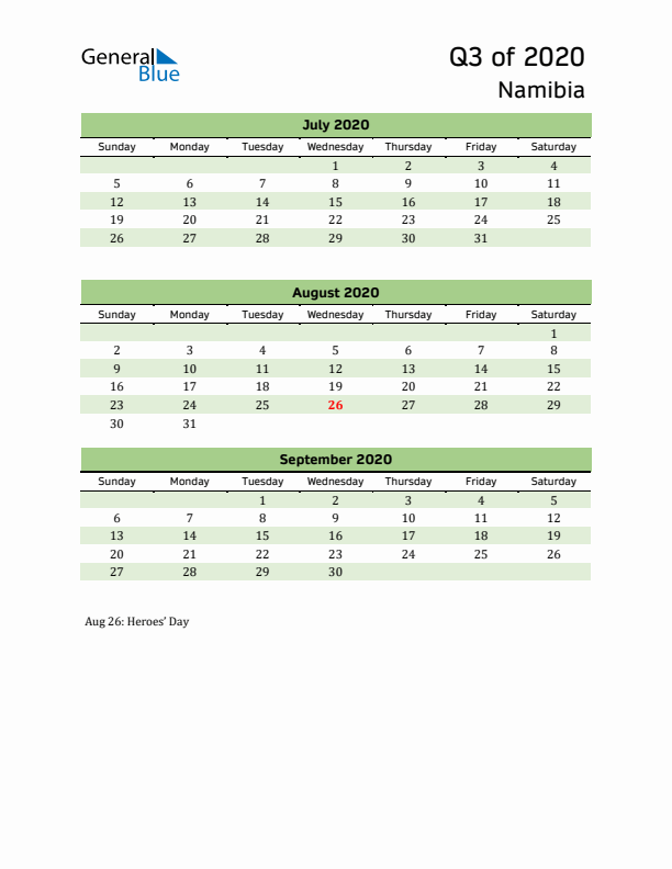 Quarterly Calendar 2020 with Namibia Holidays