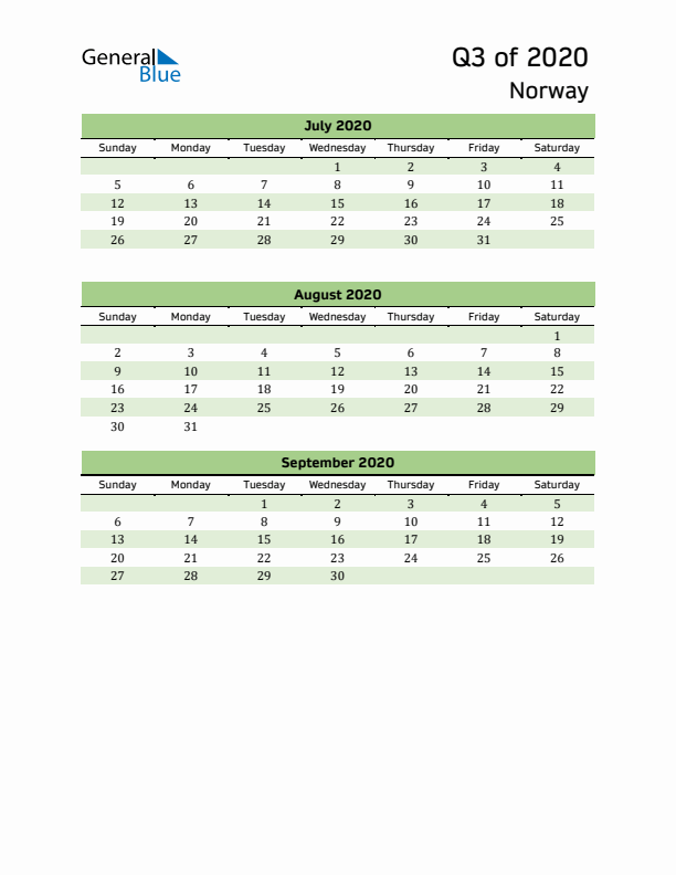 Quarterly Calendar 2020 with Norway Holidays