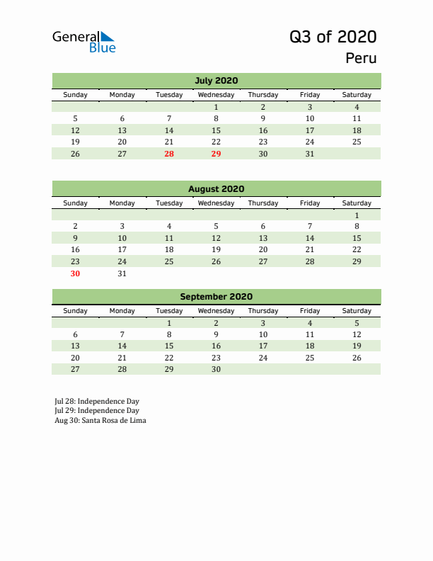 Quarterly Calendar 2020 with Peru Holidays