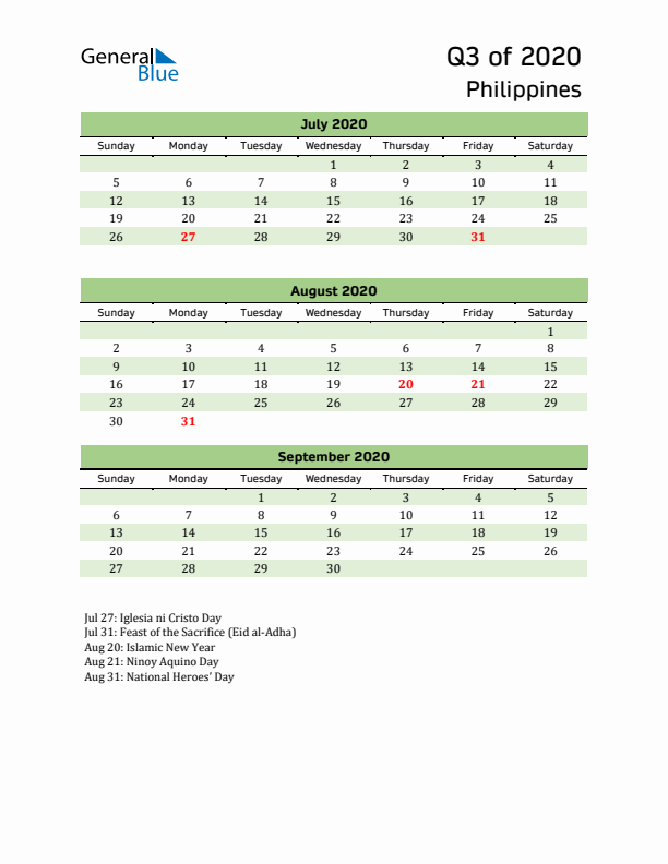 Quarterly Calendar 2020 with Philippines Holidays