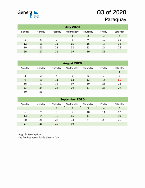 Quarterly Calendar 2020 with Paraguay Holidays