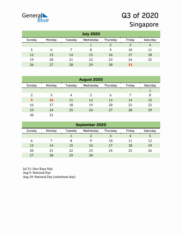 Quarterly Calendar 2020 with Singapore Holidays