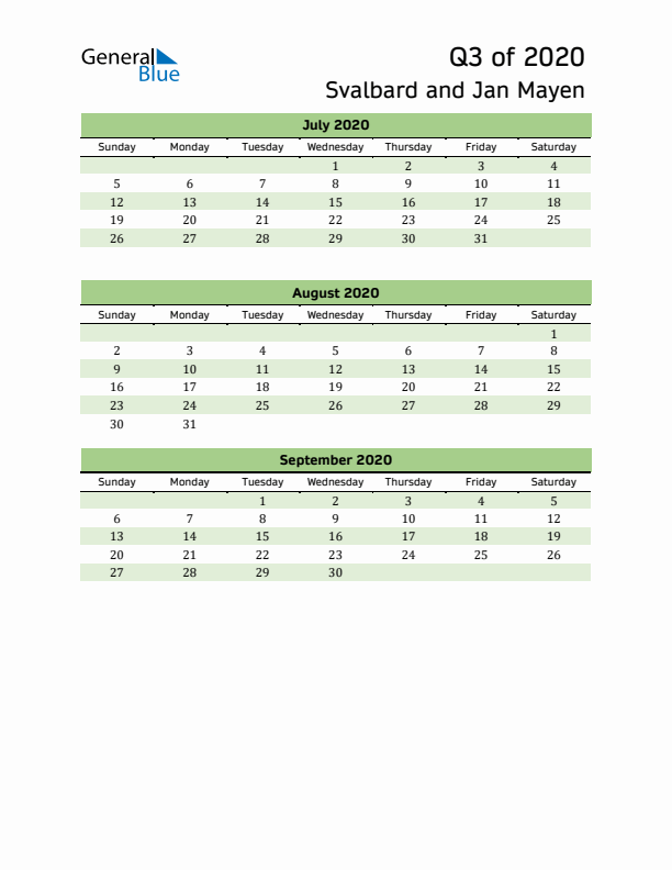 Quarterly Calendar 2020 with Svalbard and Jan Mayen Holidays